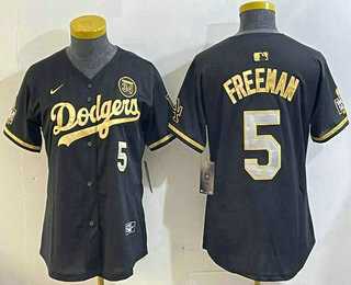 Women%27s Los Men%27s Los Angeles Dodgers #5 Freddie Freeman Black Gold 2024 World Series 34 Patch Stitched Cool Base Jerseys